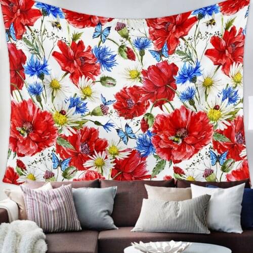 Red Poppy Daisy Flower Tapestry Bedroom Home Decoration Wall Blanket Tapestry Bedroom Wall Hanging Yoga Mat