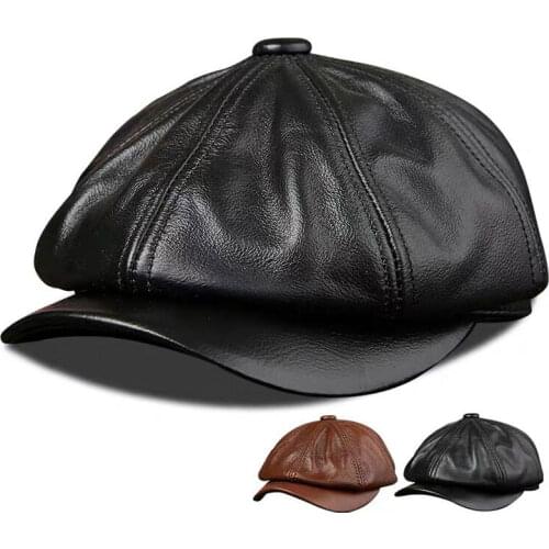 Mens Genuine Leather Warm Octagonal Cap, Casual Vintage Newsboy Cap Golf Driving Flat Cabbie Hat, Winter Male Artist Gatsby Cap
