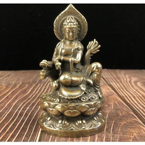 China archaize brass Guanyin bodhisattva sit dragon crafts statue