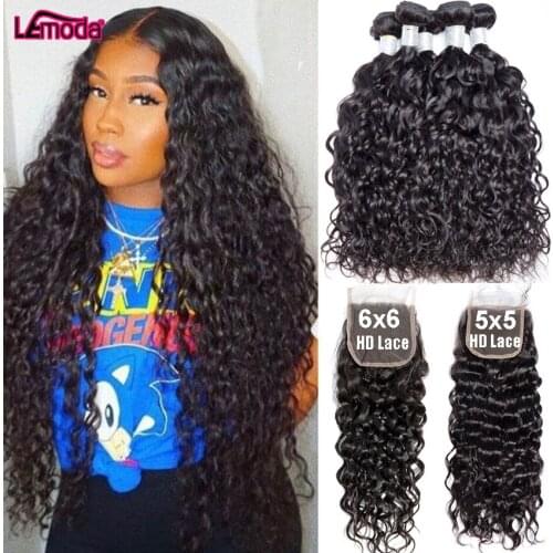 Water Wave Bundles With Closure 5x5 HD Lace Closure With Bundles Brazilian Bundles With Frontal Lemoda Remy Hair Weave Extension