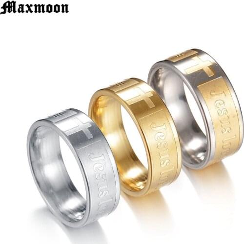 Maxmoon New Arrival Cross Stainless Steel Prayer Finger Rings Never Fade Jesus Bible Letter Lord Prayer Cross Rings Belief