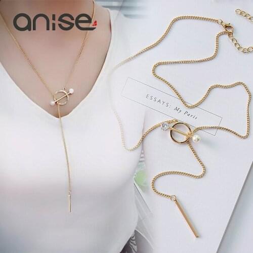 Fashion Simple Long Necklace Sweater Chain Rhinestone Crystal Imitation Pearls Pendant Necklace For Women Jewelry Collier Femme