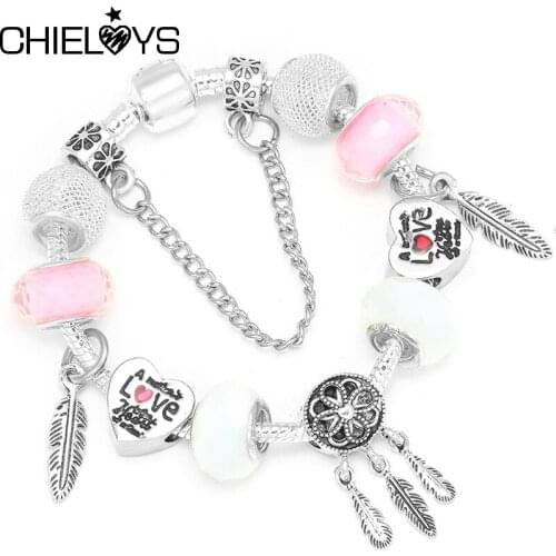 Fashion Feather Pendant Love Beads Bracelets With Silver Color Snake Chain Charm Bracelets For Wmen Jewelry Gift Dropshipping