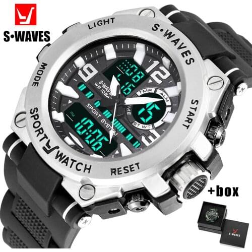 SWAVES Mens Watches Digital Analog Water Resistant Clock Man Watches Dual Time Military Plastic LCD Relogio Masculino With Box