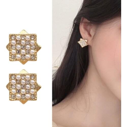 Women Fashion Square Double Layer Faux Pearl Rhinestones Inlaid Stud Earrings earrings 2 layer3D set square earrings