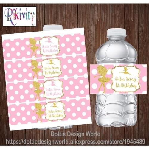 Custom Ballerina Girl Pink Polka Dots Birthday Water Bottle Wine Labels Candy Bar Wrapper Sticker Baby Shower Party Decoration