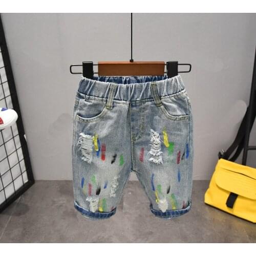 New Childrens shorts kids short pants summer design light Blue paint broken hole Boys elegant jeans denim shorts 2-7T