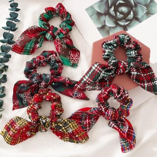 New Red Plaid Women Hair Scrunchies Bows Ponytail Holder Hairband Bow Knot Scrunchie Girls Hair Ties Christmas Hair Accessories