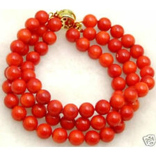 New 6mm Round Natural Red Coral Bracelet for Women 3 Strands 7.5" Jewelry
