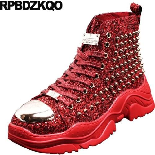 Lace up high top thick soled trainer glitter boots sneakers green metalic fashion sole shoes men rock booties rivet red stud