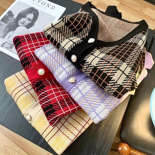 Plaid V-neck Single Breasted Short Sweater Womens Spring And Autumn New Knitted Cardigan