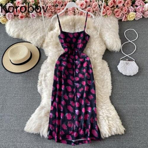 Korobov Floral Printed Summer Holiday Dress Women Slim Waist Casual Vintage Spaghetti Strap Dresses Elegant Fashion Vestidos