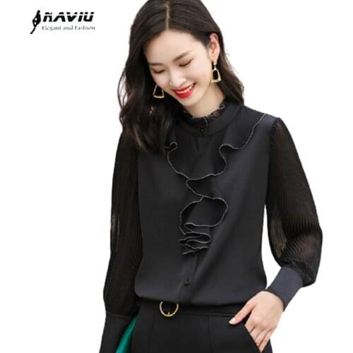 Black Ruffles Shirt Women Autumn 2021 New High End Temperament Casual Long Sleeve Fashion Blouses Office Ladies Work Tops