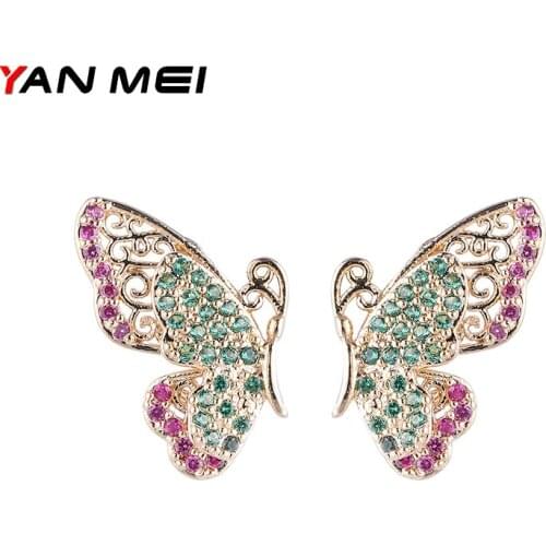 YANMEI Crystal Symmetry Butterfly Stud Earrings For Women Multicolor CZ Unilateral Wings Earring Fashion Jewelry YME8002