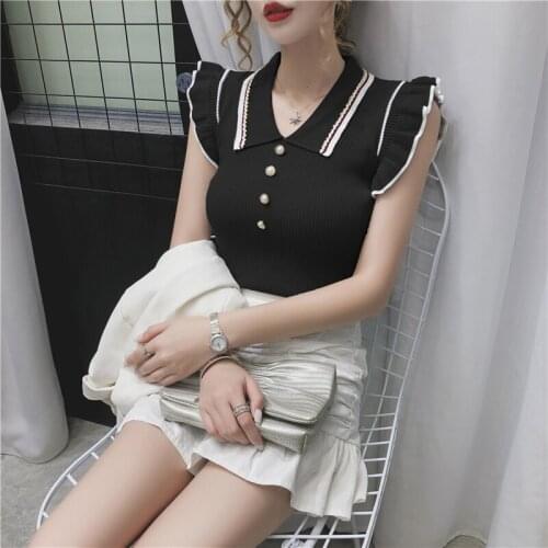 2021 Fashion Korean Slim Crop Tops Women Turn-down Collar Knitted T-shirts Sleeveless Ruffles T Shirt Female Tee Shirt Femme