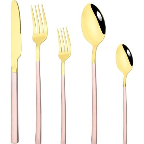 5Pcs Pink Gold Dinnerware Set Knife Dessert Fork Coffee Spoon Tableware Stainless Steel Cutlery Kitchen Flatware Silverware Set