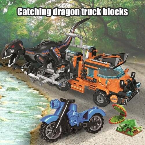 551pcs Ideas Dinosaur Series Catching Truck Building Blocks Jurassic World Park Dinosaur Figures Bricks Toys for Boys