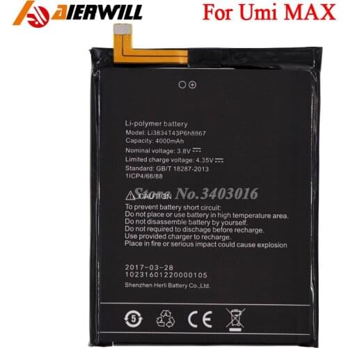 For UMI MAX Battery Batterie Bateria Accumulator AKKU Li3834T43P6h8867 4000mAh