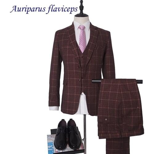 Brand Mens Suits Burgundy Tweed Suits Wedding Groom Plus Size 3 Piece (Jacket+Vest+Pant) Slim Fit Casual Tuxedo Suit Male