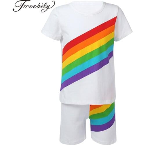 Kids Girls Boys Summer Suit 2Pcs Tracksuits Sets Short Sleeves Rainbow Print T-shirt Shorts Set for Running Exercise Casual Wear
