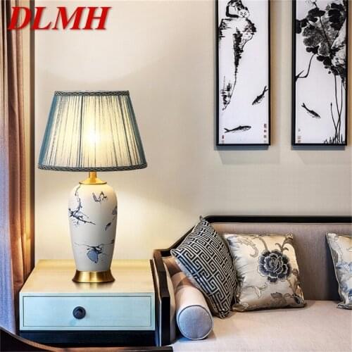 DLMH Ceramic Table Lamps Blue Brass Luxury Desk Light Fabric for Home Living Room Dining Room Bedroom Office