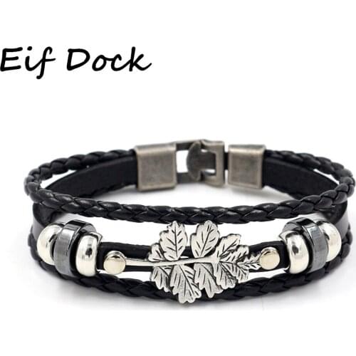 Eif Dock 2020 Vintage Punk Faux Leather Bracelet for Men Women Maple Leaf Charm Bangle Dropshipping