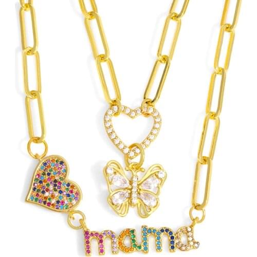 FLOLA Gold Chunky Chain Heart MaMa Necklace For Women Butterfly Necklace CZ Zirconia Wholesale Jewelry Mothers Day Gifts nkeu74