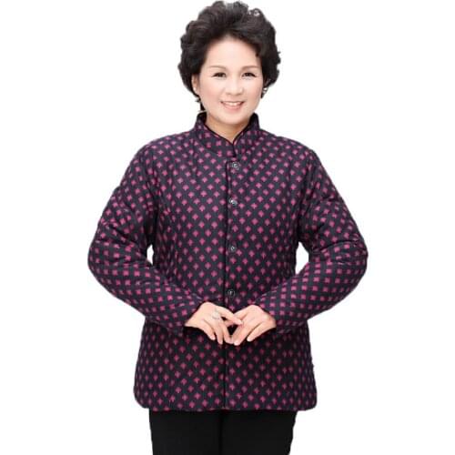 Middle-aged and Elderly Womens Cotton Coat Winter Jackets Stand-up Collar Large Size Printed Plush Thick Warm Jacket Outwear 4X
