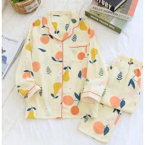 Korean New Robe Sets Orange and Yellow Gauze Suit Cardigan Comfortable V-neck Double Gauze Fruit Sleepwear Women Stitch Pajamas
