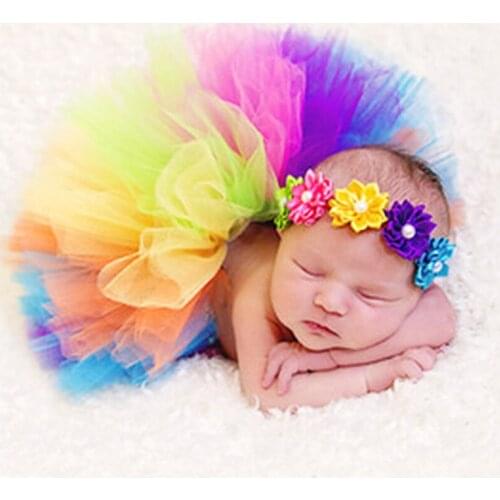 Colorful Rainbow Colors Cute New Born Costume Outfit Newborn Baby Photography Props Sweet Photo Props Skirt Flower Headband