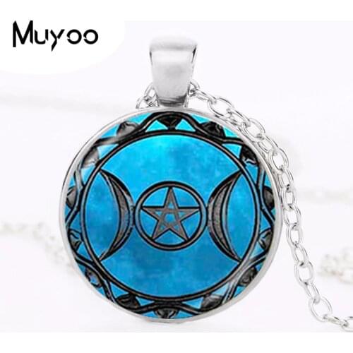 Triple Moon Goddess Pendant Pentagram Necklace Witch Jewelry Glass Dome Wiccan Necklace Round Chain Charm Wicca Jewellery HZ1