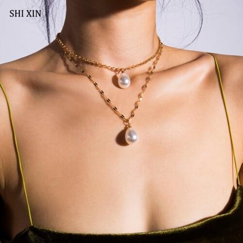 SHIXIN Layered Pearl Pendant Necklace for Women Wedding Pearls Necklaces Fashion 2021 Jewelry Trendy Neckless Neck Chains Female