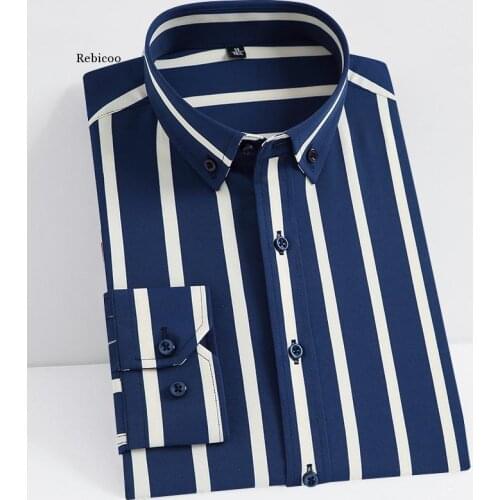 Mens Non-Iron Stretch Long Sleeve Striped Dress Shirts Smart Casual Smooth Material Standard-Fit Youthful Button-Down Shirt