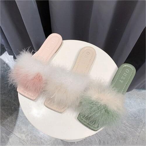 Summer Outdoor Mules Slippers Women Fashion Square Toe Furry Flat Shoes Office Ladies Feather Slides Chic Flats Green White Pink