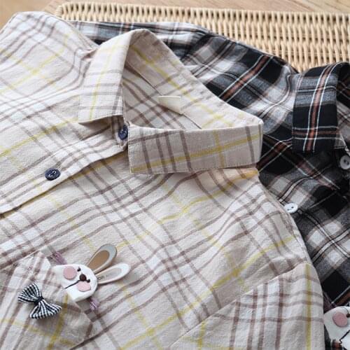 Lamtrip Unique Sweet Kawaii Bunny Rabbit Stitch Plaid Cartoon Long Sleeve 2021 Autumn Shirt Blouse