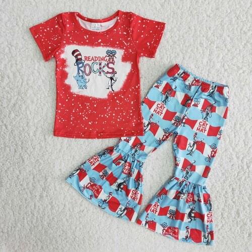 New Arrival Boutique Kids Short Sleeve Outfits Cute Cartton Pattern Top And Bell Pants Girl Spring Fall High Quality Cloth Set