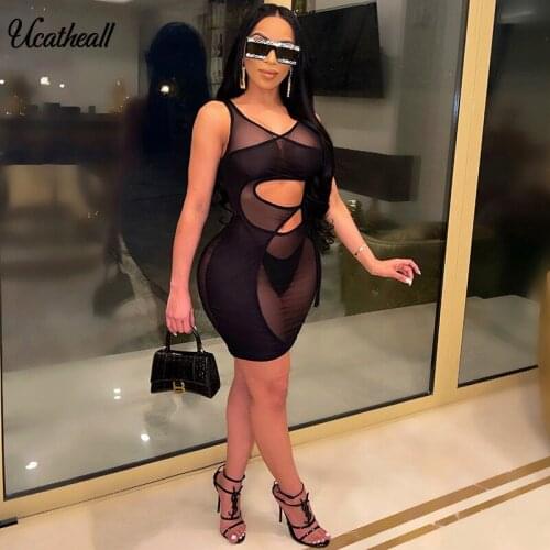 New Cut Out Mesh Dress Stretchy See Through Sexy Dresses Sleeveless Lace-Up Bandage Party Dress For Women Vestidos Clubwear