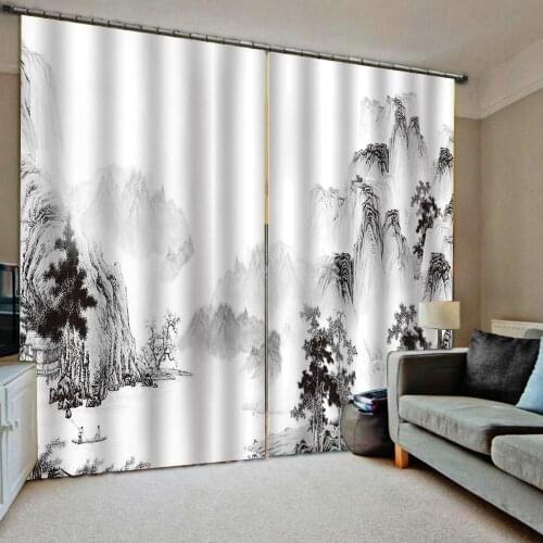 Draw black mountain curtains Drapes Living room Bedroom Decor 2 Panels HooksWindow Curtains