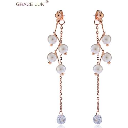 GRACE JUN New Handmade Long Tassel CZ Pearl Clip on Earrings No Pierced and Pierced Earrings for Women Factory Direct Wholesale