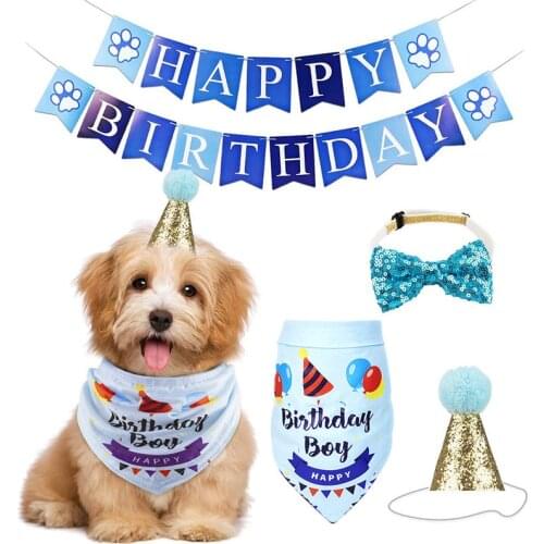 Dog Birthday Party Triangle Scarf Adjustable Cat Hat Bow Tie Puppy Saliva Towel Set Pet Accessories Cute Birthday Balloon Flag
