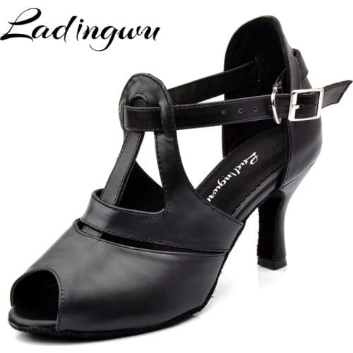 Ladingwu Black Genuine Leather Dance Shoes Woman Latin Comfortable Soft Bottom Salsa Dance Shoes Profession Ballroom Dance Shoes