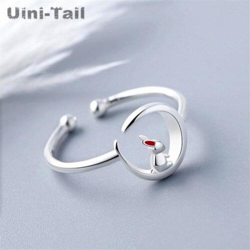 Uini-Tail new design hot sale 925 sterling silver curved moon little white rabbit open ring simple sweet and lovely high-quality