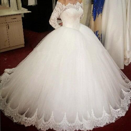 Gorgeous White Lace Appliques Off the Shoulder Wedding Dresses Long Sleeves Princess Wedding Gowns robe de mariee