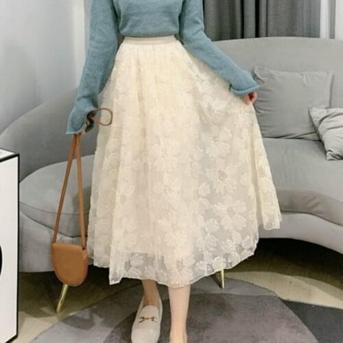 Women Sequined Lace A-line Skirt Autumn and Winter Female Casual Style Flower Pattern High Waist Midi Skirt