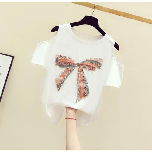 2021 Summer Off Shoulder T Shirt Women Fashion Bow Squnined Short Sleeve Leisure Shoulderless Tops