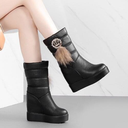 Women Autumn Winter Plush Warm Snow Boots Mid-Calf Wedge Platform Ankle Boots 10CM Height Increaseing Booties Botas Mujer