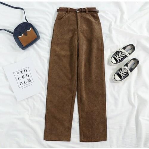 Women Corduroy Trouser Ladies High Waist Vintage AUtumn Spring Korean Wide Leg Pants Elegant Belt Loose Cotton Streetwear