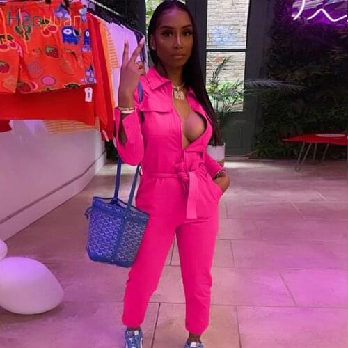 HAOYUAN Zip Long Sleeve Jumpsuit Sexy One Piece Club Outfits for Women Fall Clothing Streetwear Overalls Pocket Bandage Rompers