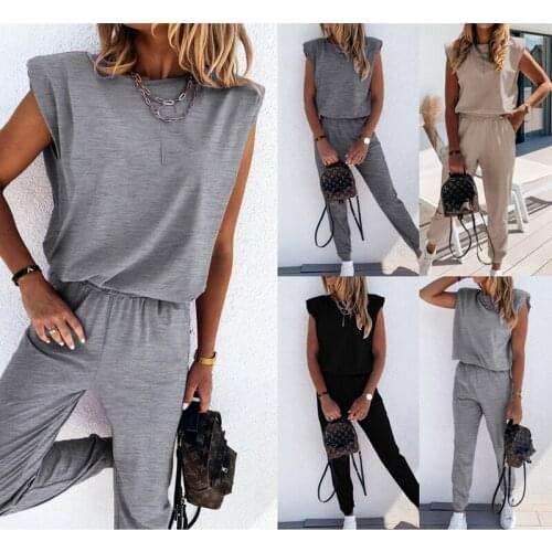 Leosoxs New Summer Womens Two Sets 2021 Fashion Casual O Neck Sleeveless Solid Loose Coat Elastic Band Trousers Ladies Tuo Sets