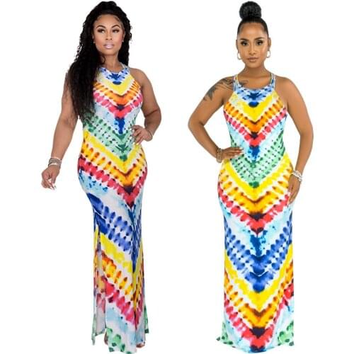 2021 Best Quality Famous Brand Women Dress Sleeveless Tie Dye Floorlength
